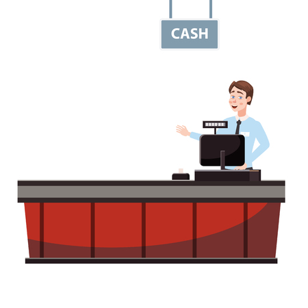 Cashier behind the cashier counter in the supermarket, shop, store. Vector, illustration, cartoon style, isolatedのイラスト素材