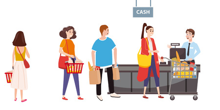 Supermarket or store, cash desk and cashier. Men and women buyers, cart products. Big shopping center. Vector, illustration, isolated, cartoon styleのイラスト素材