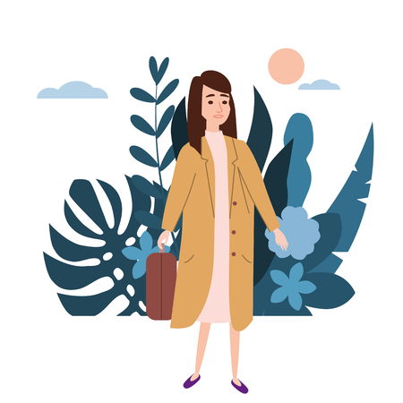 Young girl in a yellow coat goes about his business. Background flora flowers floral leaves. Trend design flat cartoons. Colorful vector illustration isolatedのイラスト素材