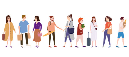 Set a crowd of people characters go about their business, make purchases, loving couples, single, sellers, buyersのイラスト素材