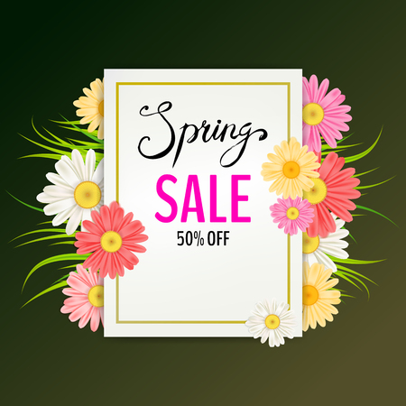 Spring Sale Banner. Hand drawn lettering. Background with chamomile, daisy, leaf and colorful flowersのイラスト素材
