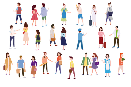 Set a crowd of people characters go about their business, make purchases, loving couples, single, sellers, buyersのイラスト素材