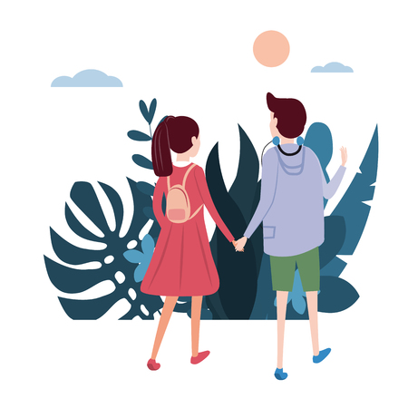 Young loving couple goes holding hands, on their business. Background flora flowers floral leavesのイラスト素材