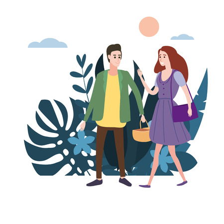 Young loving couple goes holding hands, on their business. Background flora flowers floral leavesのイラスト素材