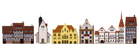 Set of old buildings houses, facades, Europe, medieval traditions. Different architectural styles. Template, baner. Vector illustration isolated on white backgroundのイラスト素材