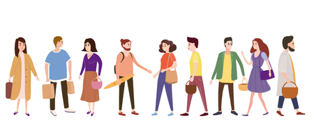 Set a crowd of people characters go about their business, make purchases, loving couples, single, sellers, buyersのイラスト素材