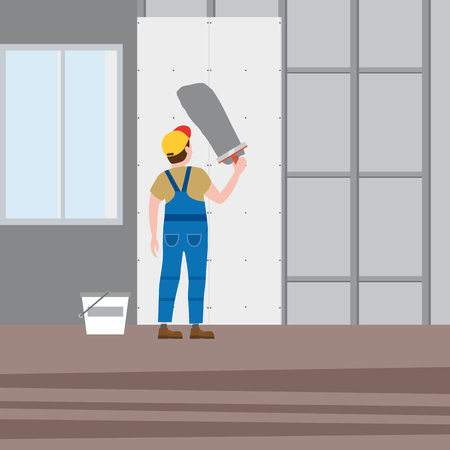 Workers put plaster, installing gypsum plasterboard panels in the interior. Vector illustration, isolated. Construction industry, repair, new home, building interiorのイラスト素材