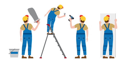 Set Workers put plaster on a stepladder, with a screwdriver, installing gypsum plasterboard panels. Vector illustration, isolated. Construction industry, repair, new home, building interiorのイラスト素材