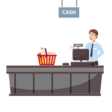 Cashier behind the cashier counter in the supermarket, shop, store with a basket full of groceries. Vector, illustration, cartoon style, isolatedのイラスト素材