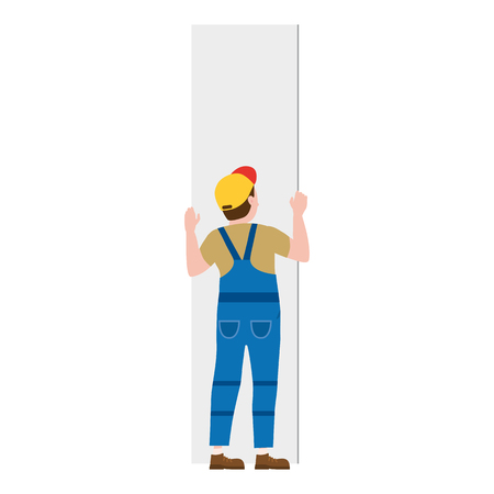 Professional worker man installing gypsum plasterboard panels. Vector illustration, isolated. Construction industry, repair, new home, building interiorのイラスト素材