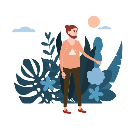 Young man, the guy in pink T-shirt. Background flora flowers floral leavesのイラスト素材