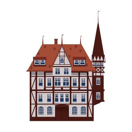 Old house, home, building, facade, Europe, medieval tradition. European architectural style. Vector illustration isolated on white backgroundのイラスト素材