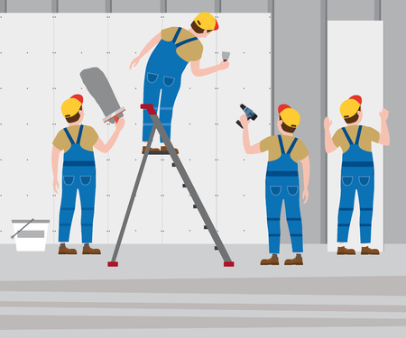 Workers put plaster on a stepladder, installing gypsum plasterboard panels in the interior. Vector illustration, isolated. Construction industry, repair, new home, building interiorのイラスト素材