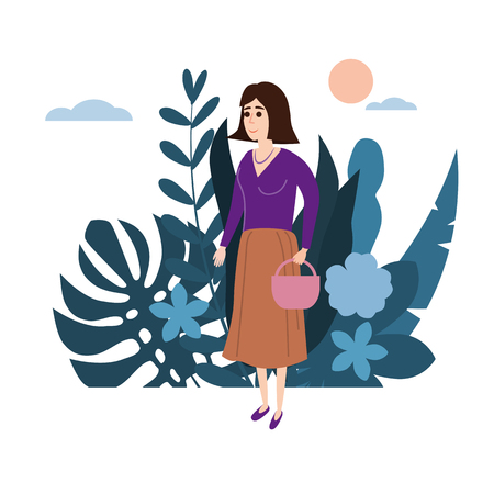 Young girl in a lilac sweater goes with a basket about his business. Background flora flowers floral leavesのイラスト素材