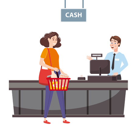 Cashier behind the cashier counter in the supermarket, shop, store serves the buyer, a woman with a basket full of groceries. Vector, illustration, cartoon style, isolatedのイラスト素材