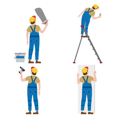 Set Workers put plaster on a stepladder, with a screwdriver, installing gypsum plasterboard panels. Vector illustration, isolated. Construction industry, repair, new home, building interiorのイラスト素材