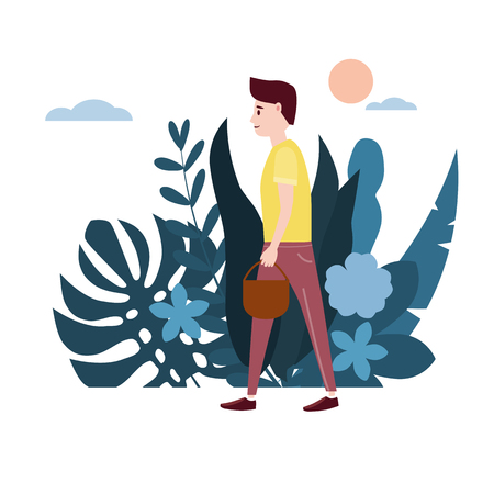 Young man in a yellow T-shirt, the guy goes with a basket on his business, making purchases. Background flora flowers floral leaves.のイラスト素材