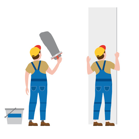 Workers put plaster, installing gypsum plasterboard panels. Vector illustration, isolated. Construction industry, repair, new home, building interiorのイラスト素材