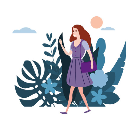 Young girl in lilac dress goes about his business. Background flora flowers floral leavesのイラスト素材