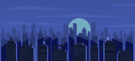 Night city, skyscrapers, silhouettes of houses, panorama horizon moon moodのイラスト素材