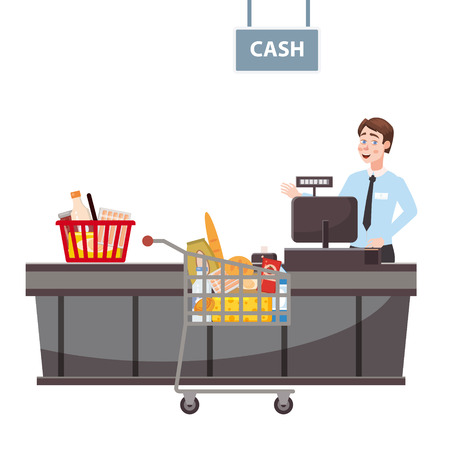 Cashier behind the cashier counter in the supermarket, shop, store with a basket full of groceries and grocery cart full of groceries. Vector, illustration, cartoon style, isolatedのイラスト素材