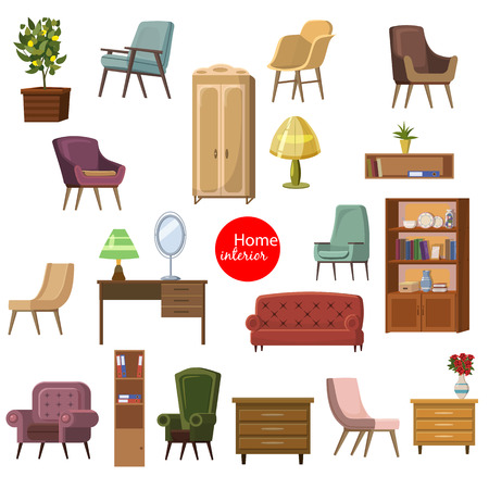 Set of accessories and furniture. Armchairs of different types, sofa, table, shelf, home plant, mirror bookcase, lamp. Template, vector interior design illustration. isolated, cartoon style. Modern and retroのイラスト素材