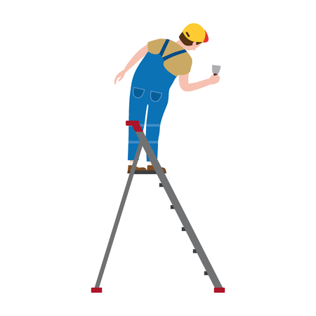 Professional working man on a stepladder applies plaster. Vector illustration, isolated. Construction industry, repair, new home, building interiorのイラスト素材
