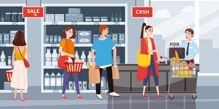 Supermarket or store interior with shelves and goods, groceries, cash desk and cashier. Men and women buyers, cart productsのイラスト素材