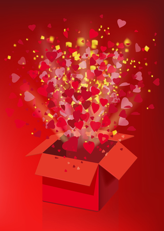 Red gift box Open explosion fly hearts and confetti Happy Valentine s dayのイラスト素材