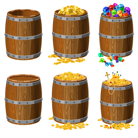 Set of wooden barrels with treasures, gold, coins, bars, precious stones, diamonds emeralds jewelryのイラスト素材