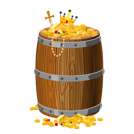 Wooden barrel with treasures, gold and precious stones, a crown, sword, coins, with metal stripes, for alcohol, wine, rum, beer and other beverages, or treasures, gunpowder. Isolated on white background. Vector illustration. Cartoon style.のイラスト素材