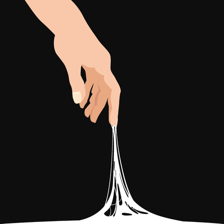 Sticky slime reaching stuck for hand, white banner template. Popular children s sensory toy vector illustration. Cartoon liquid slime isolated background. Glue Jelly The substance is sticky, tension, elasticity. Abstract design element, isolatedのイラスト素材