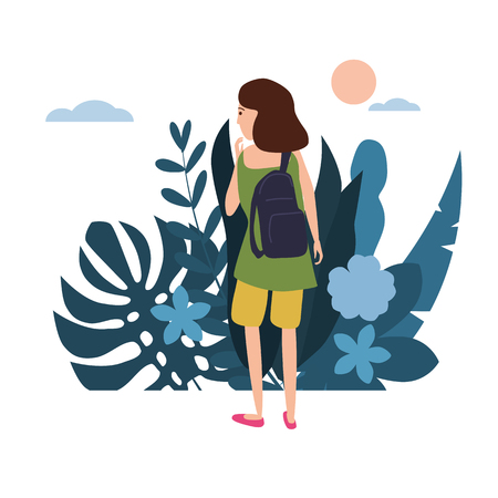Young girl in a green T-shirt with a backpack goes about his businessのイラスト素材