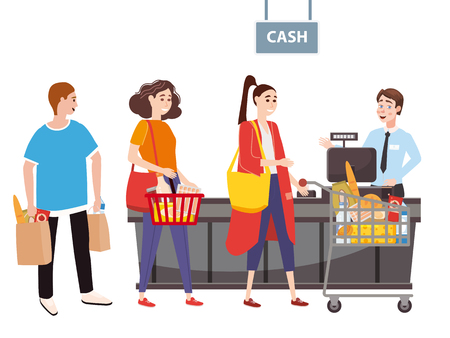 Cashier behind the cashier counter in the supermarket, shop, store serves the buyer, a womans with a basket and grocery cart full of groceries. Vector, illustration, cartoon style, isolatedのイラスト素材