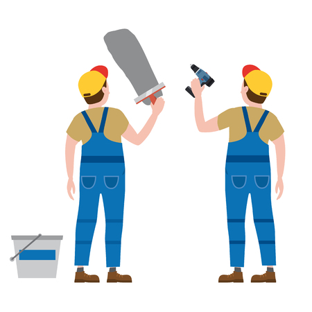 Workers put plaster, with a screwdriver. Vector illustration, isolated. Construction industry, repair, new home, building interiorのイラスト素材