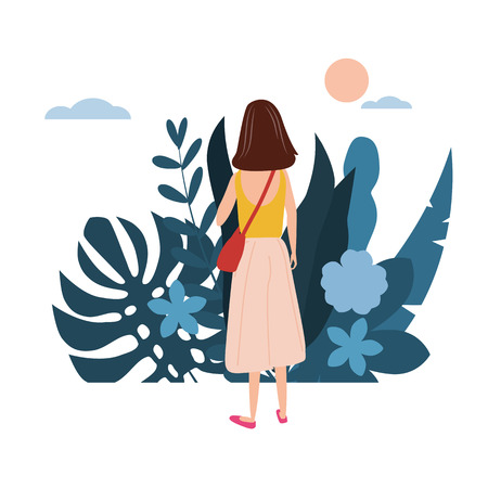Young girl in a yellow T-shirt goes about his business. Background flora flowers floral leaves. Trend design flat cartoons. Colorful vector illustration isolatedのイラスト素材