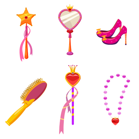 Set Princess World elements and attributes of design. Mirror, shoes, tiara, hairbrush, magic wand. Vector, illustration, cartoon style, isolatedのイラスト素材