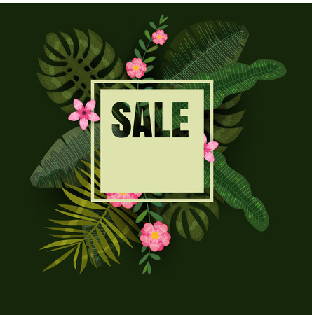 Tropical vector sale design with bright flowers and exotic palm leaves on dark background. Isolated, cartoon styleのイラスト素材