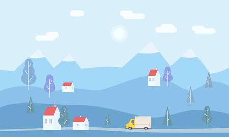 Minimalistic landscape of mountains, trees, houses, background. Concept delivery service landingのイラスト素材