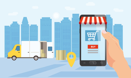 Online delivery service, tracking online tracker. A hand is holding a smartphone, truck, car, parcel delivery. Internet delivery, concept, idea, vector, illustration for web sites, stores, animation, mobile applications, advertising, isolatedのイラスト素材
