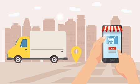Online delivery service, tracking online tracker. A hand is holding a smartphone, truck, car, parcel delivery. Internet delivery, concept, idea, vector, illustration for web sites, stores, animation, mobile applications, advertising, isolatedのイラスト素材