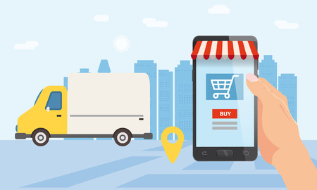 Online delivery service, tracking online tracker. A hand is holding a smartphone, truck, car, parcel delivery. Internet delivery, concept, idea, vector, illustration for web sites, stores, animation, mobile applications, advertising, isolatedのイラスト素材