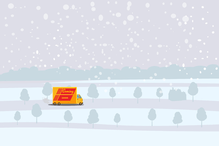 Delivery truck rides on the snow-covered road, concept, fast and convenient delivery of cargo and parcels. Product goods shipping transport.のイラスト素材