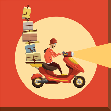 Delivery Boy Ride Scooter Motorcycle Service, Order, Worldwide Shipping, Fast and Free Transportのイラスト素材