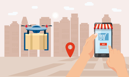 The concept of delivery of the drone flies with the mail, the delivery of parcels. A hand is holding a smartphone. Online delivery service, tracking online tracker. Internet delivery, concept, idea, vector, illustration for web, shops, animation, mobile apps, advertising, isolatedのイラスト素材
