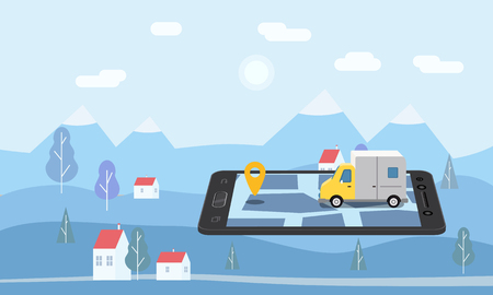 Delivery Van Express concept. Checking delivery service app on mobile phone online trackingのイラスト素材