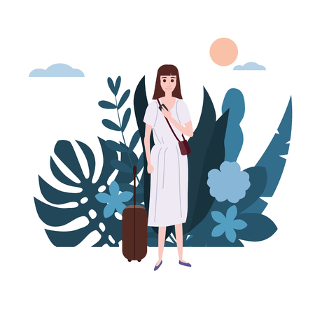 Young girl in a white dress with a suitcase goes about his business. Background flora flowers floral leavesのイラスト素材