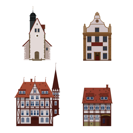 Set of old buildings houses, facades, Europe, medieval traditions. Different architectural styles. Vector illustration isolated on white backgroundのイラスト素材