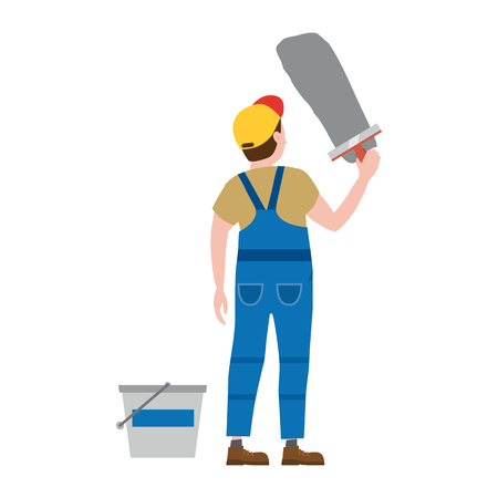Professional working man applies plaster. Vector illustration, isolated. Construction industry, repair, new home, building interiorのイラスト素材
