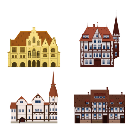 Set of old buildings houses, facades, Europe, medieval traditions. Different architectural styles. Vector illustration isolated on white backgroundのイラスト素材